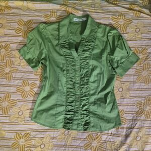 Ruffled Button-Down Short Sleeve Blouse - Green